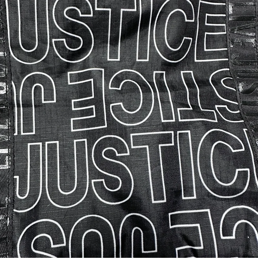 Justice logo black drawstring tote bag overnight dance / sports rucksack  Tote